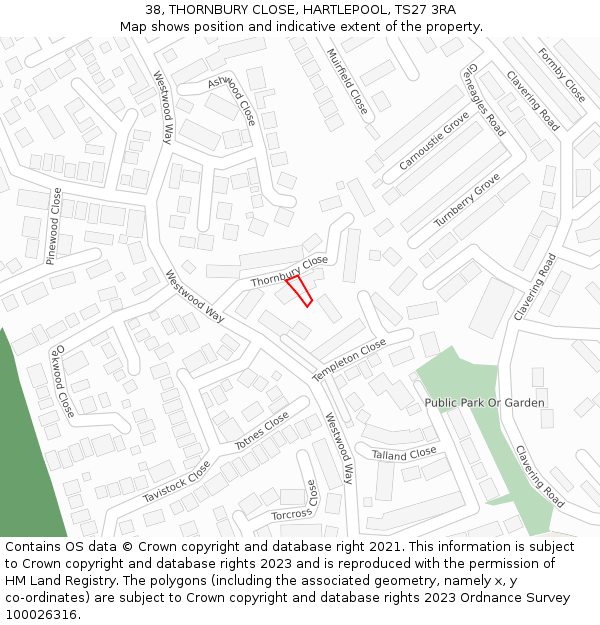 38, THORNBURY CLOSE, HARTLEPOOL, TS27 3RA: Location map and indicative extent of plot