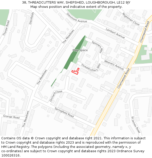38, THREADCUTTERS WAY, SHEPSHED, LOUGHBOROUGH, LE12 9JY: Location map and indicative extent of plot