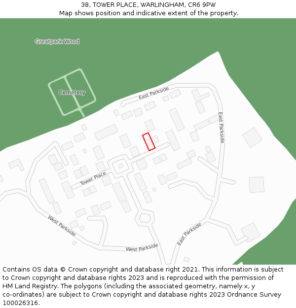 38, TOWER PLACE, WARLINGHAM, CR6 9PW: Location map and indicative extent of plot