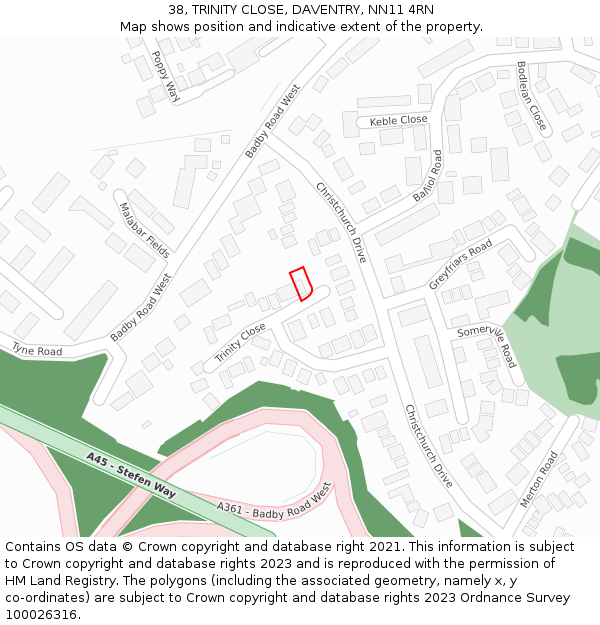38, TRINITY CLOSE, DAVENTRY, NN11 4RN: Location map and indicative extent of plot