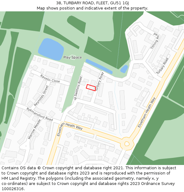 38, TURBARY ROAD, FLEET, GU51 1GJ: Location map and indicative extent of plot