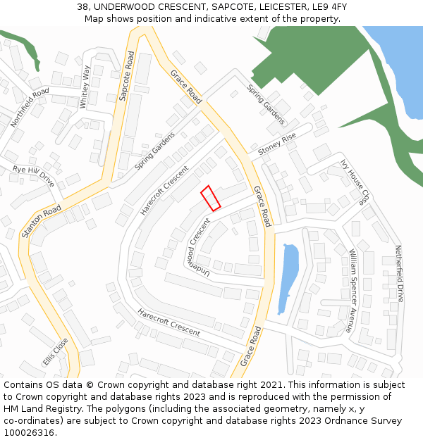 38, UNDERWOOD CRESCENT, SAPCOTE, LEICESTER, LE9 4FY: Location map and indicative extent of plot