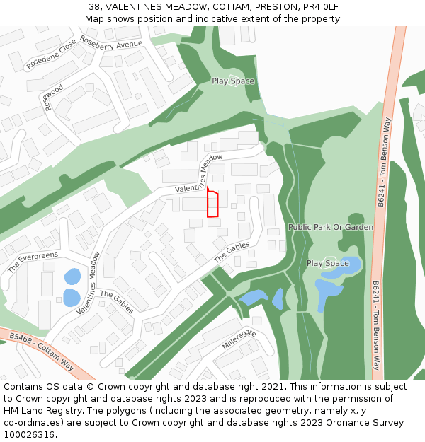 38, VALENTINES MEADOW, COTTAM, PRESTON, PR4 0LF: Location map and indicative extent of plot