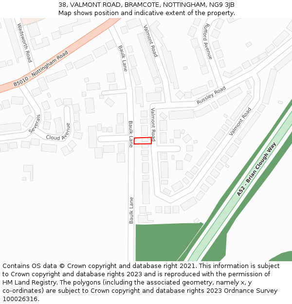 38, VALMONT ROAD, BRAMCOTE, NOTTINGHAM, NG9 3JB: Location map and indicative extent of plot