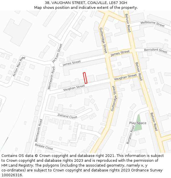 38, VAUGHAN STREET, COALVILLE, LE67 3GH: Location map and indicative extent of plot