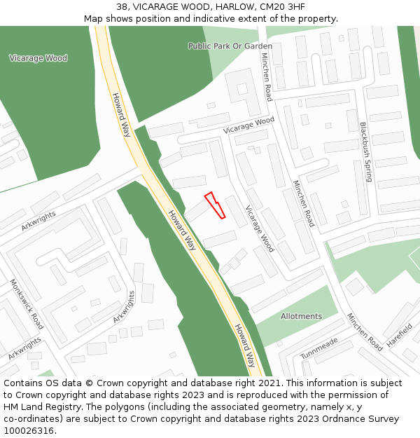 38, VICARAGE WOOD, HARLOW, CM20 3HF: Location map and indicative extent of plot