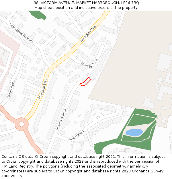 38, VICTORIA AVENUE, MARKET HARBOROUGH, LE16 7BQ: Location map and indicative extent of plot