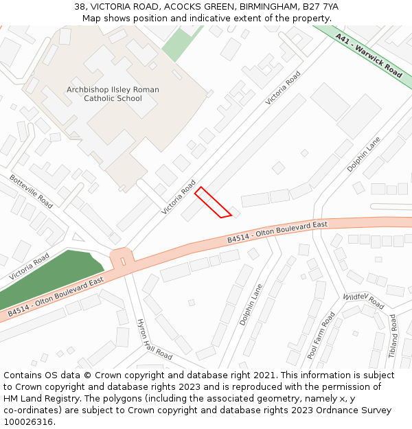 38, VICTORIA ROAD, ACOCKS GREEN, BIRMINGHAM, B27 7YA: Location map and indicative extent of plot