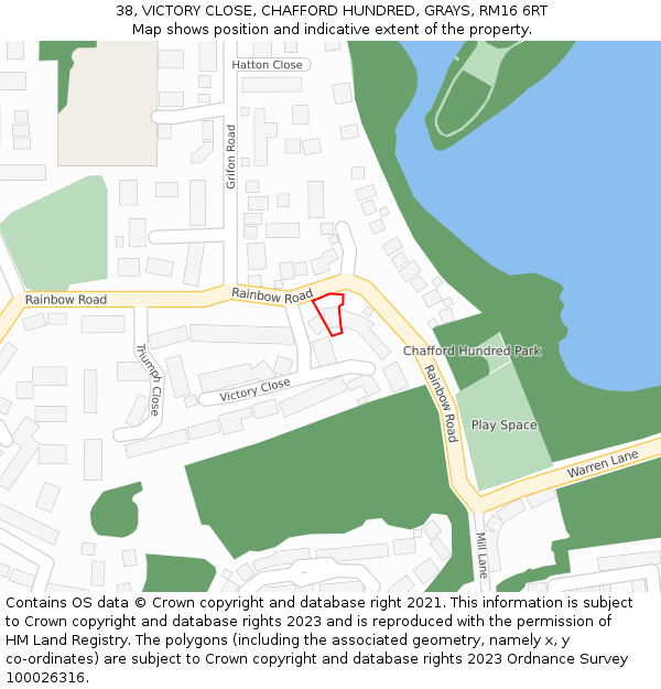 38, VICTORY CLOSE, CHAFFORD HUNDRED, GRAYS, RM16 6RT: Location map and indicative extent of plot