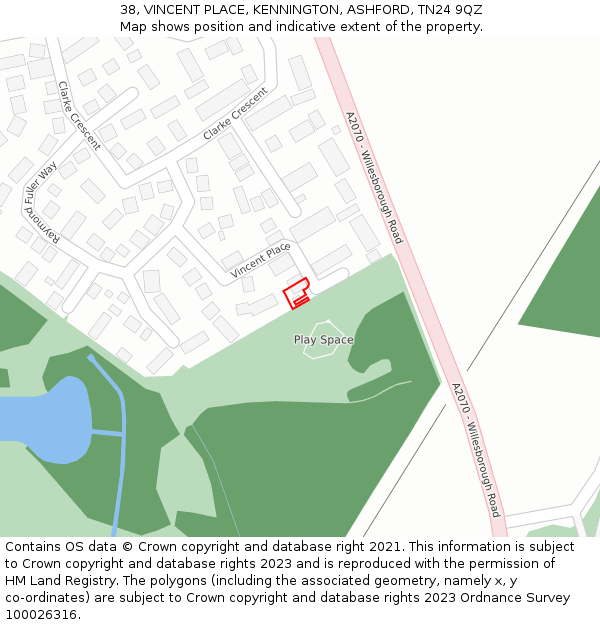 38, VINCENT PLACE, KENNINGTON, ASHFORD, TN24 9QZ: Location map and indicative extent of plot