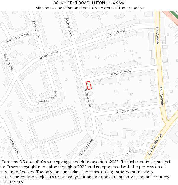 38, VINCENT ROAD, LUTON, LU4 9AW: Location map and indicative extent of plot