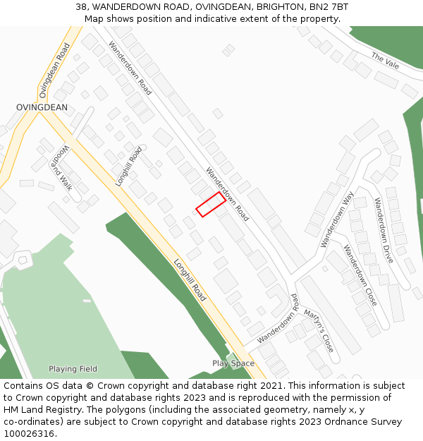 38, WANDERDOWN ROAD, OVINGDEAN, BRIGHTON, BN2 7BT: Location map and indicative extent of plot