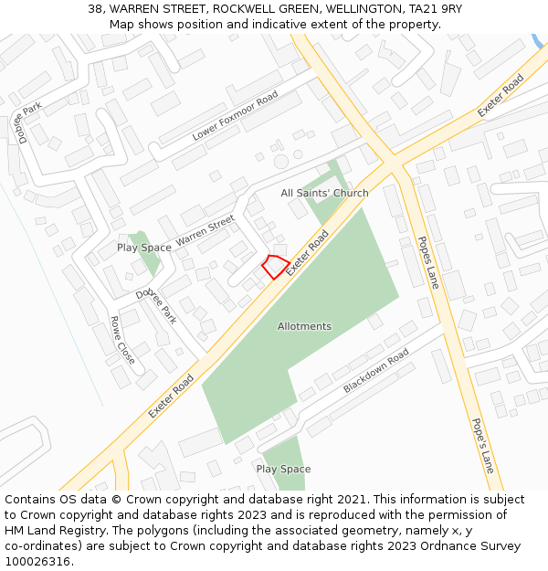 38, WARREN STREET, ROCKWELL GREEN, WELLINGTON, TA21 9RY: Location map and indicative extent of plot