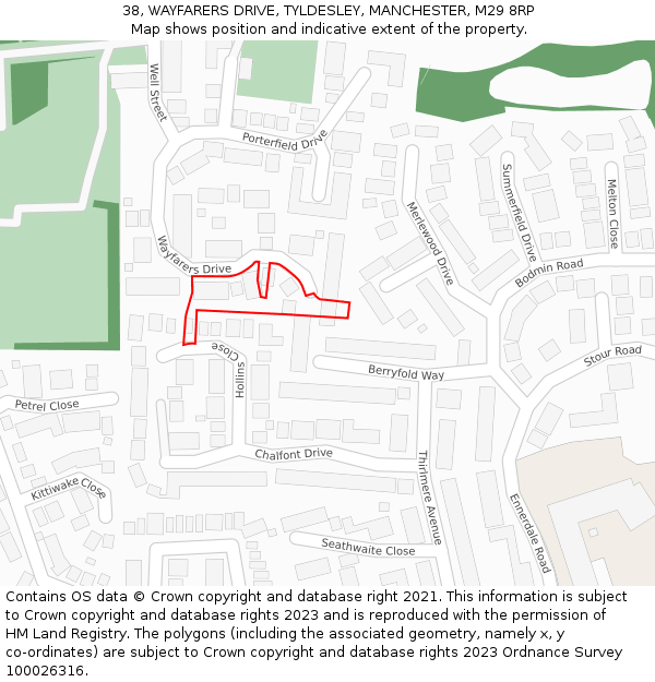 38, WAYFARERS DRIVE, TYLDESLEY, MANCHESTER, M29 8RP: Location map and indicative extent of plot