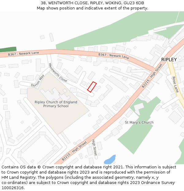 38, WENTWORTH CLOSE, RIPLEY, WOKING, GU23 6DB: Location map and indicative extent of plot