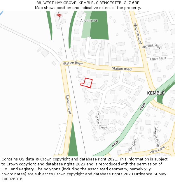 38, WEST HAY GROVE, KEMBLE, CIRENCESTER, GL7 6BE: Location map and indicative extent of plot