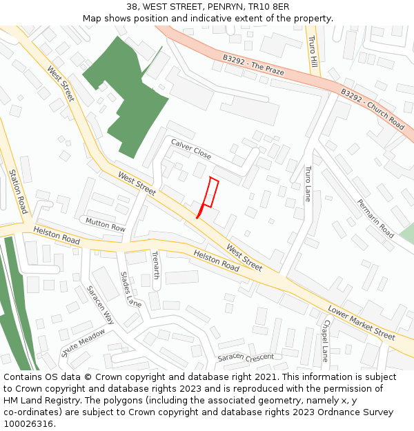 38, WEST STREET, PENRYN, TR10 8ER: Location map and indicative extent of plot