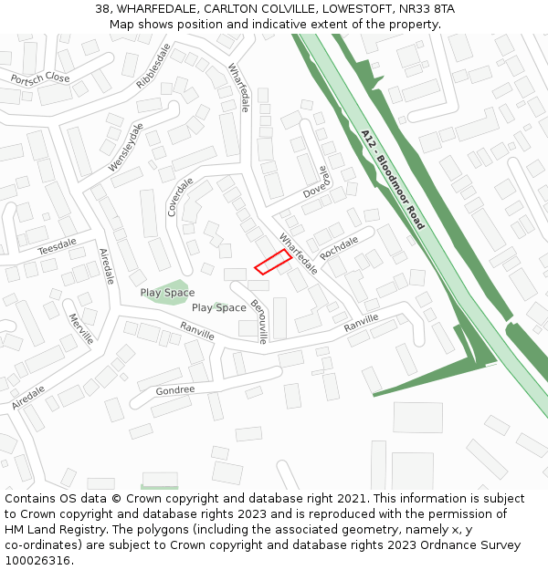 38, WHARFEDALE, CARLTON COLVILLE, LOWESTOFT, NR33 8TA: Location map and indicative extent of plot