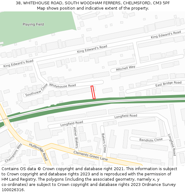 38, WHITEHOUSE ROAD, SOUTH WOODHAM FERRERS, CHELMSFORD, CM3 5PF: Location map and indicative extent of plot