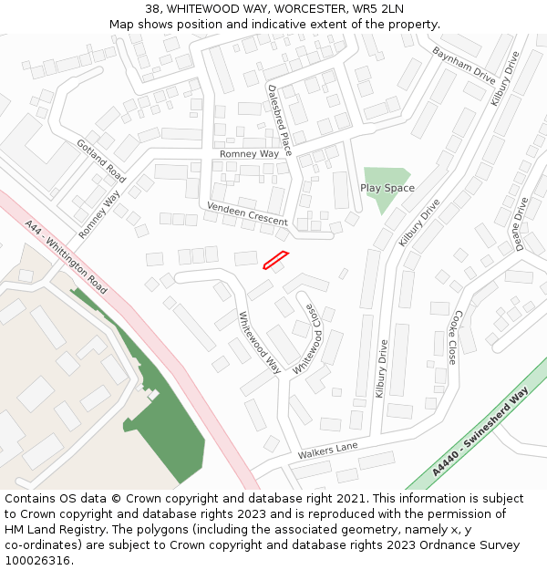 38, WHITEWOOD WAY, WORCESTER, WR5 2LN: Location map and indicative extent of plot