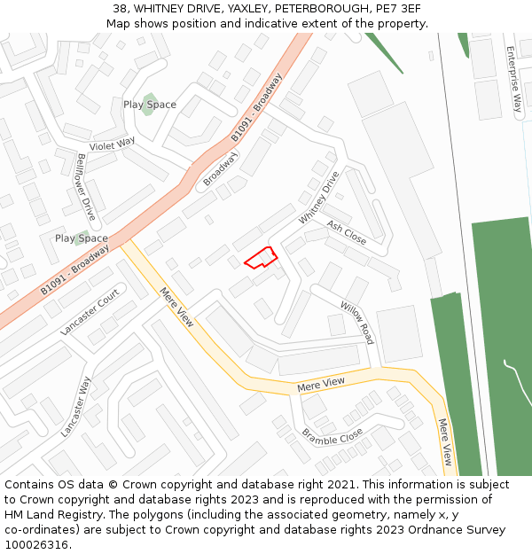 38, WHITNEY DRIVE, YAXLEY, PETERBOROUGH, PE7 3EF: Location map and indicative extent of plot