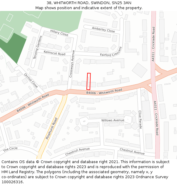 38, WHITWORTH ROAD, SWINDON, SN25 3AN: Location map and indicative extent of plot