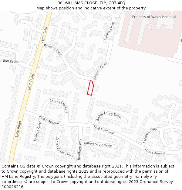 38, WILLIAMS CLOSE, ELY, CB7 4FQ: Location map and indicative extent of plot