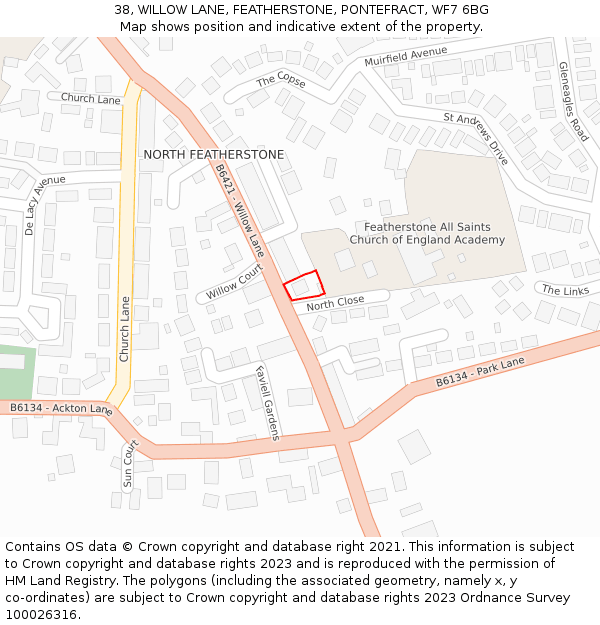 38, WILLOW LANE, FEATHERSTONE, PONTEFRACT, WF7 6BG: Location map and indicative extent of plot