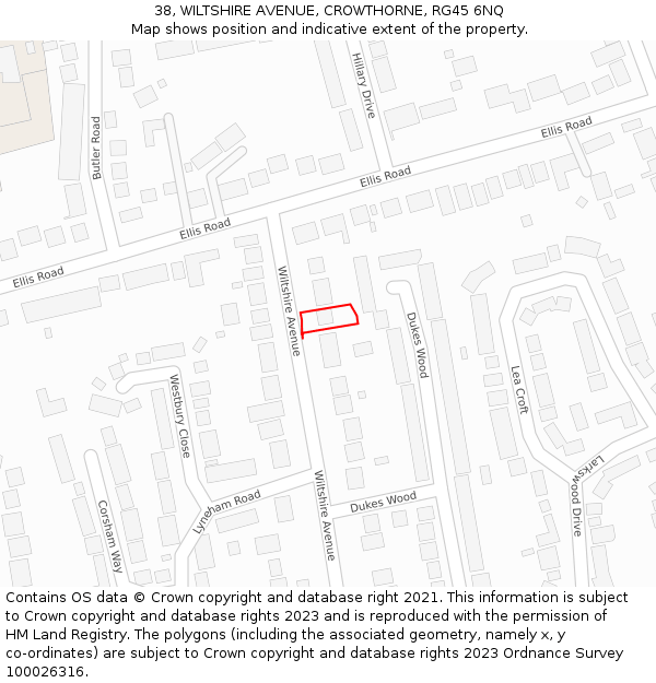 38, WILTSHIRE AVENUE, CROWTHORNE, RG45 6NQ: Location map and indicative extent of plot