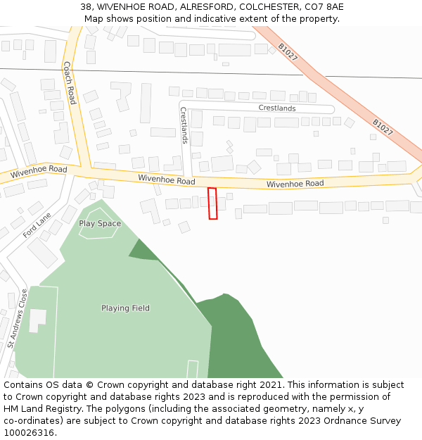 38, WIVENHOE ROAD, ALRESFORD, COLCHESTER, CO7 8AE: Location map and indicative extent of plot