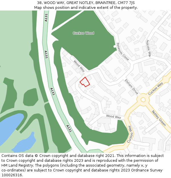 38, WOOD WAY, GREAT NOTLEY, BRAINTREE, CM77 7JS: Location map and indicative extent of plot