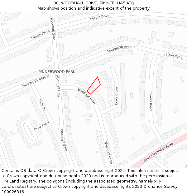 38, WOODHALL DRIVE, PINNER, HA5 4TQ: Location map and indicative extent of plot