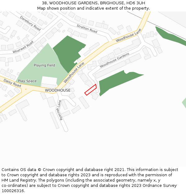 38, WOODHOUSE GARDENS, BRIGHOUSE, HD6 3UH: Location map and indicative extent of plot