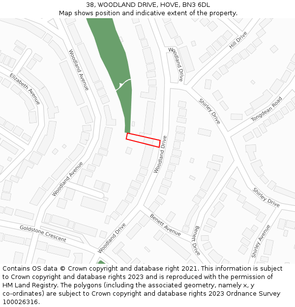 38, WOODLAND DRIVE, HOVE, BN3 6DL: Location map and indicative extent of plot