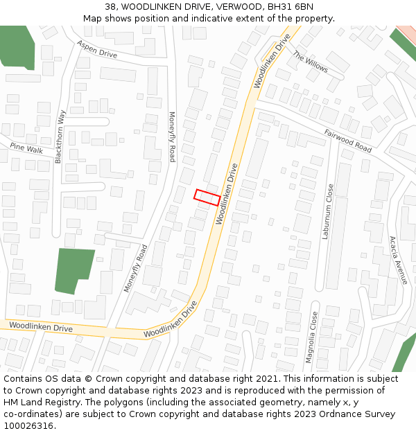 38, WOODLINKEN DRIVE, VERWOOD, BH31 6BN: Location map and indicative extent of plot