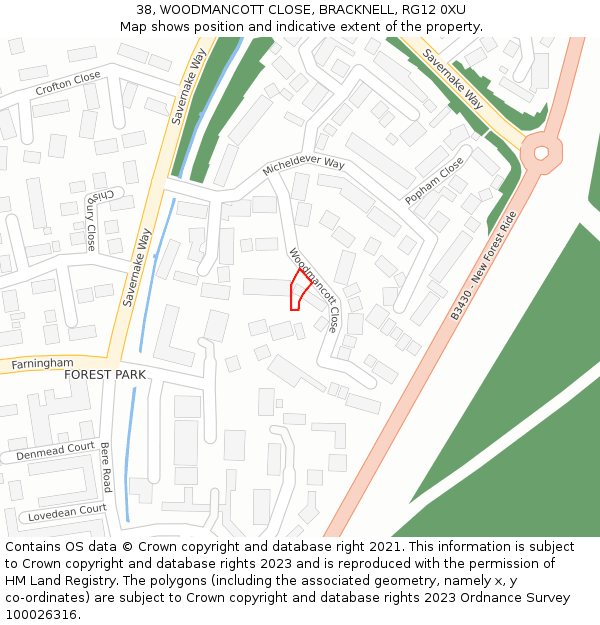 38, WOODMANCOTT CLOSE, BRACKNELL, RG12 0XU: Location map and indicative extent of plot