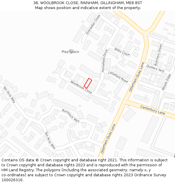 38, WOOLBROOK CLOSE, RAINHAM, GILLINGHAM, ME8 8ST: Location map and indicative extent of plot