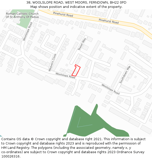 38, WOOLSLOPE ROAD, WEST MOORS, FERNDOWN, BH22 0PD: Location map and indicative extent of plot