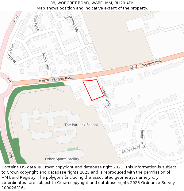 38, WORGRET ROAD, WAREHAM, BH20 4PN: Location map and indicative extent of plot