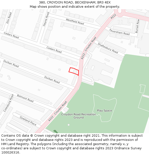 380, CROYDON ROAD, BECKENHAM, BR3 4EX: Location map and indicative extent of plot