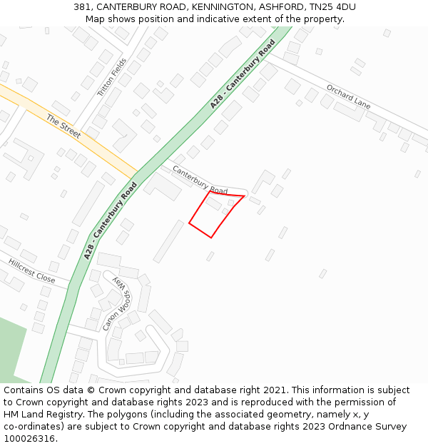 381, CANTERBURY ROAD, KENNINGTON, ASHFORD, TN25 4DU: Location map and indicative extent of plot