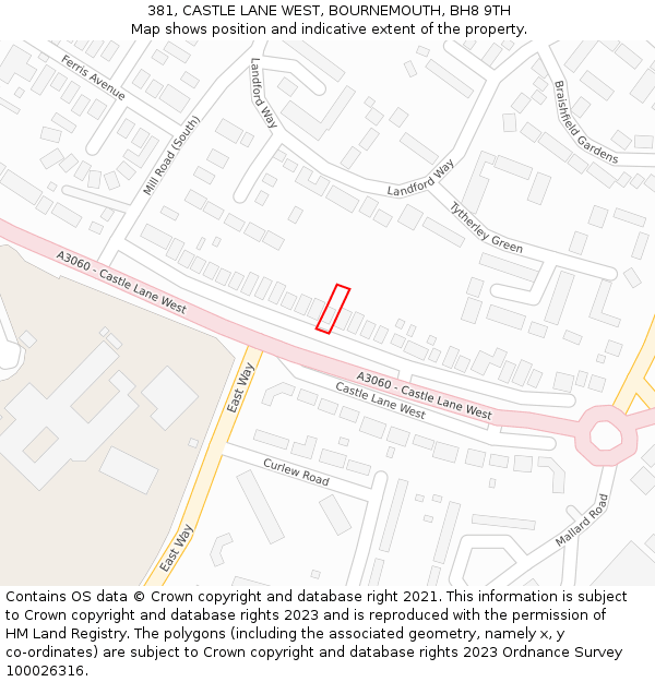 381, CASTLE LANE WEST, BOURNEMOUTH, BH8 9TH: Location map and indicative extent of plot