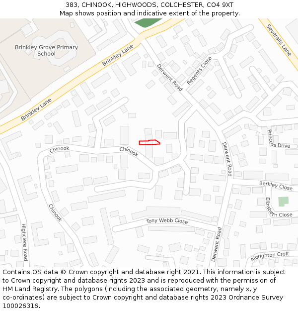 383, CHINOOK, HIGHWOODS, COLCHESTER, CO4 9XT: Location map and indicative extent of plot