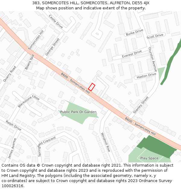 383, SOMERCOTES HILL, SOMERCOTES, ALFRETON, DE55 4JX: Location map and indicative extent of plot