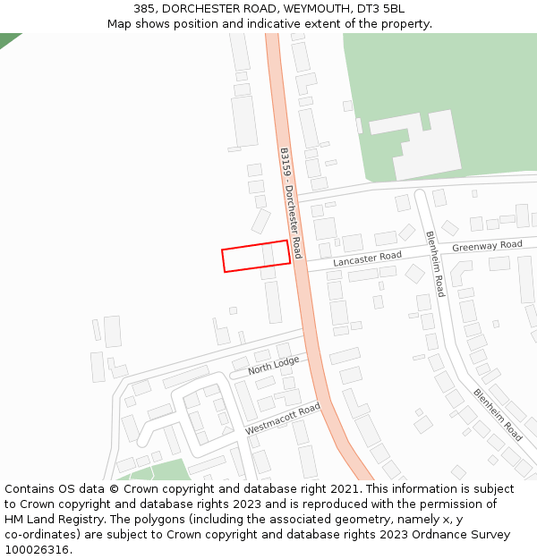 385, DORCHESTER ROAD, WEYMOUTH, DT3 5BL: Location map and indicative extent of plot