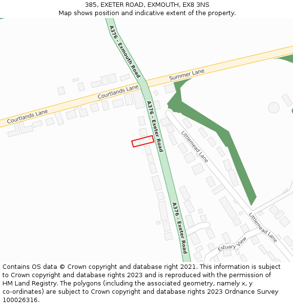 385, EXETER ROAD, EXMOUTH, EX8 3NS: Location map and indicative extent of plot