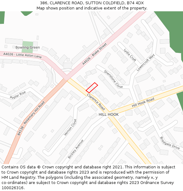 386, CLARENCE ROAD, SUTTON COLDFIELD, B74 4DX: Location map and indicative extent of plot