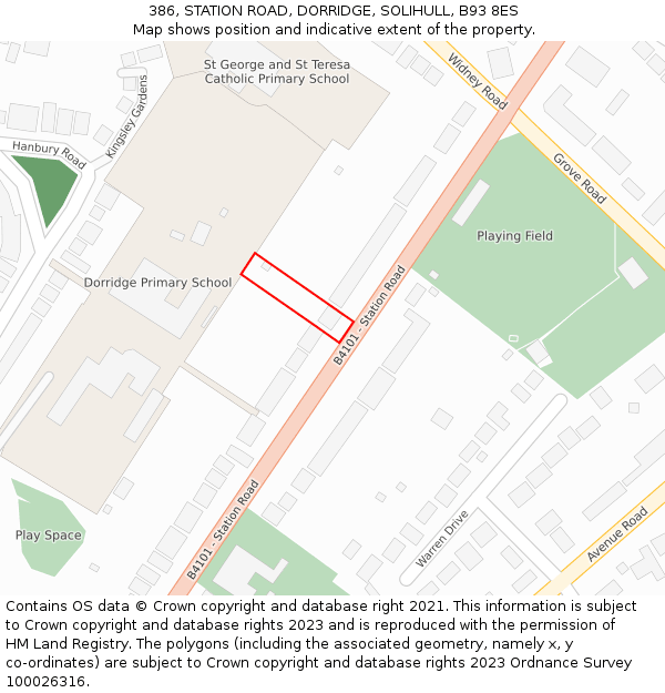 386, STATION ROAD, DORRIDGE, SOLIHULL, B93 8ES: Location map and indicative extent of plot