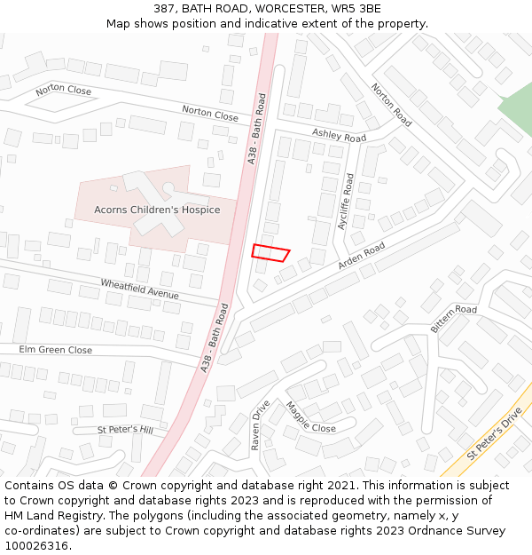 387, BATH ROAD, WORCESTER, WR5 3BE: Location map and indicative extent of plot