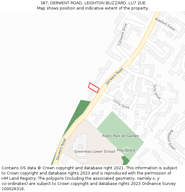 387, DERWENT ROAD, LEIGHTON BUZZARD, LU7 2UE: Location map and indicative extent of plot